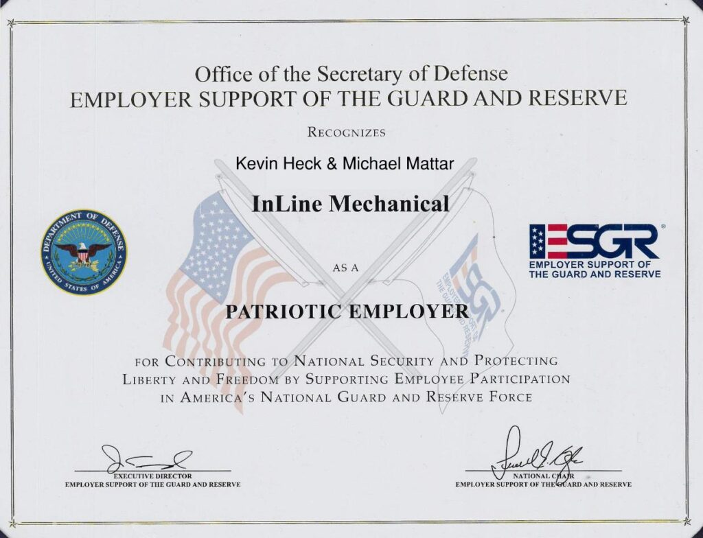 InLine Mechanical was recently recognized by the Secretary of Defense for their employment support of veteran, active and reserve guards 